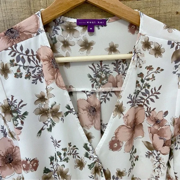 Floral Blouse, Wrap Style, Flowy, 3/4 Length Sleeves, Longer in Back - Picture 4 of 11